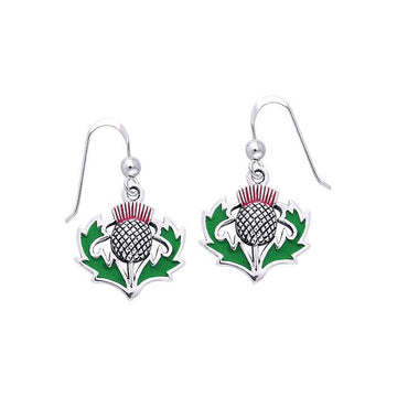 Celtic Alba Thistle ~ Sterling Silver Hook Earrings with Green and Purple Enamel TER486 - Jewelry